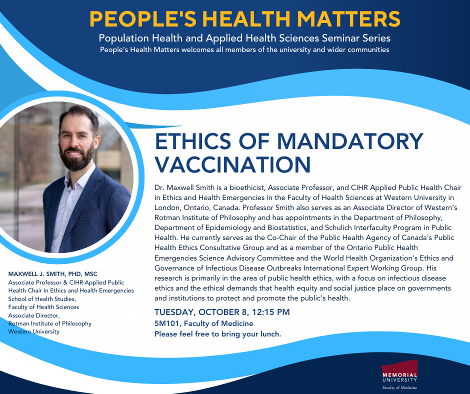 Graphic of Peoples Health Matters poster for October 8, 2024 – Dr. Maxwell Smith